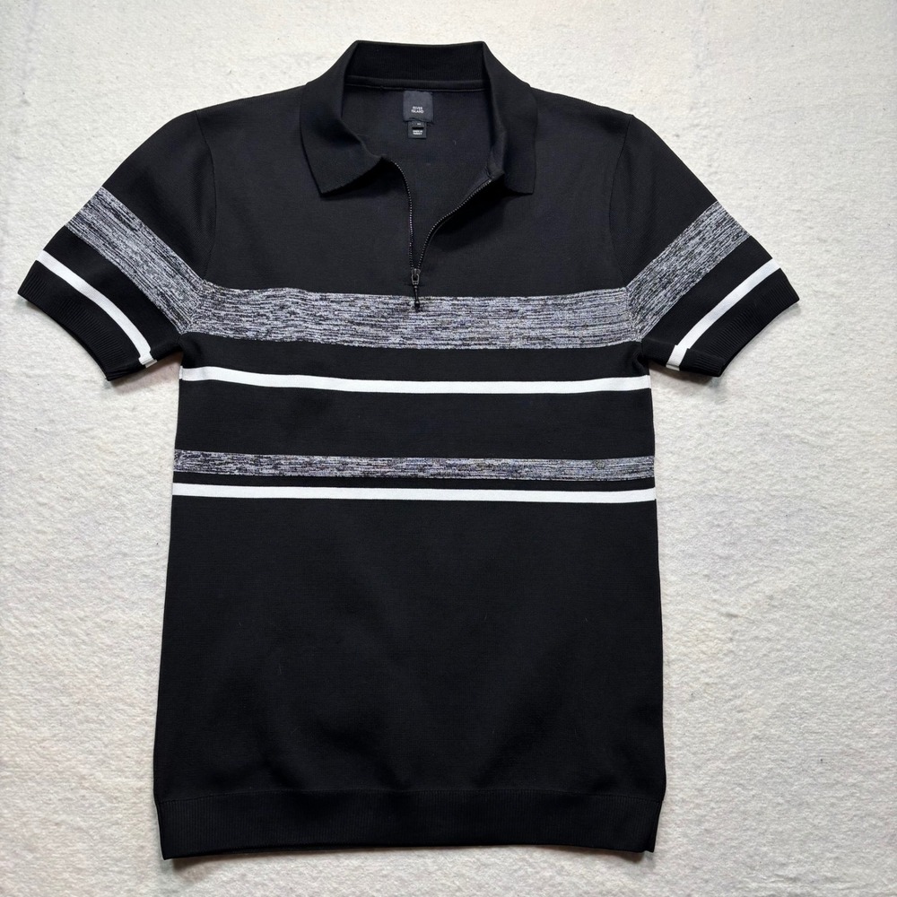River Island Mens Black Striped Quarter Zip Knit Polo Shirt Medium‎ #979